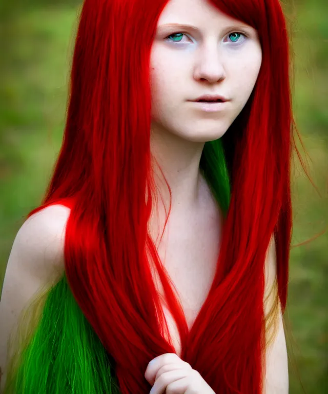 Prompt: Fae teenage girl, portrait, long red hair, green highlights