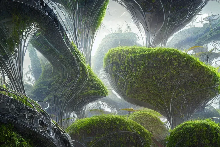 Image similar to futuristic foliage overgrowing favela fungus hive, art nouveau environment, award winning art, epic dreamlike fantasy landscape, ultra realistic,