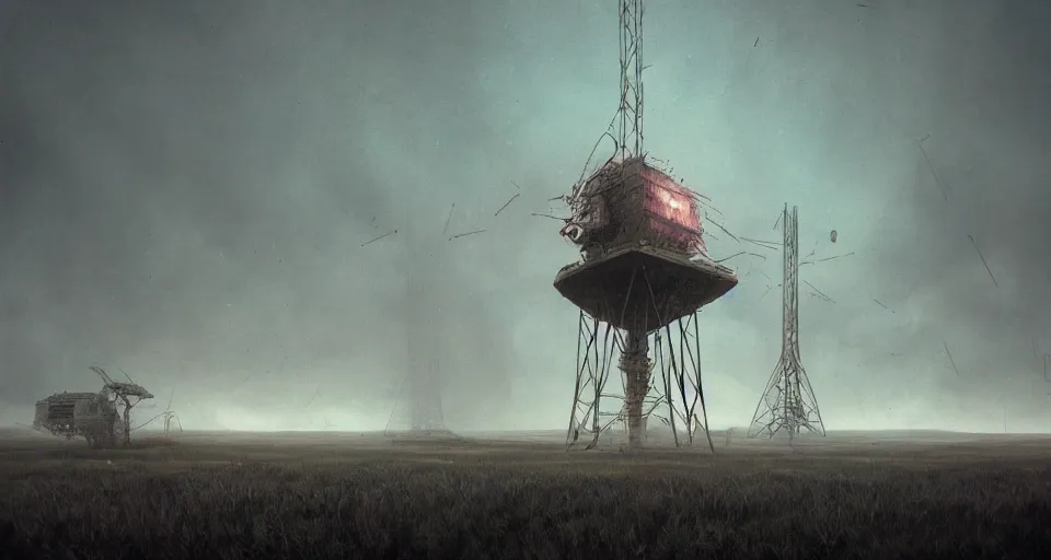 Prompt: One Derelict Radio Tower surreal landscape, rendered by zdzisław beksiński, simon stålenhag, Beeple, environment concept, digital art, starwars, unreal engine, 3 point perspective, WLOP, trending on artstation, low level, 4K UHD image, octane render,