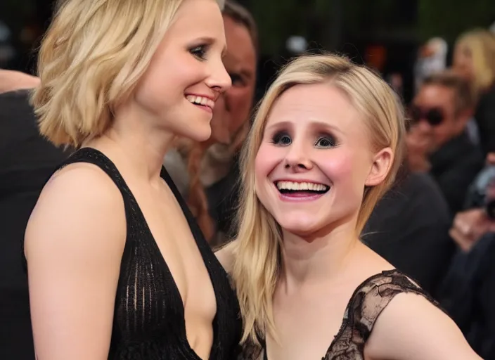 Image similar to photograph of me grabbing kristen bell's fat chubby belly, her belly is fat and round, 8 k, sharp, detailed