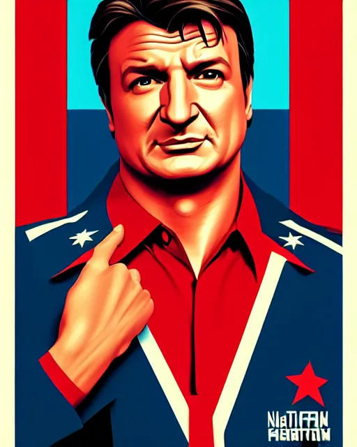 Image similar to nathan fillion in the style of cuban communist propaganda poster art in the year 1 9 8 7 ultra realistic, concept art, intricate details, highly detailed, photorealistic, octane render, 8 k, unreal engine. art by artgerm and magali villeneuve