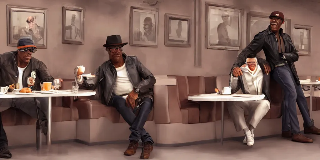 Prompt: highly detailed full - body samuel l jackson and john travolta posing in cafe, perfect symmetrical eyes, by eddie mendoza and tyler edlin, 8 k resolution