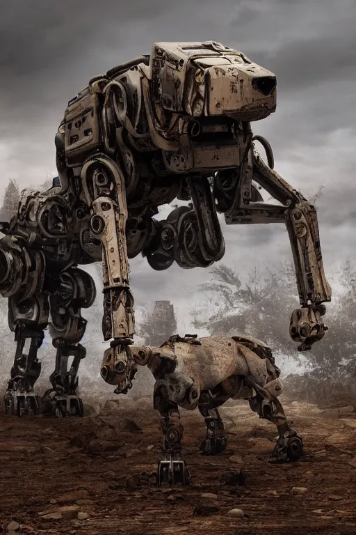 Prompt: A rundown large Dog robot, uncaring, bleak tone, post apocalyptic, Nuttavut Baiphowongse, Mark Armstron, amad, rendered by octane, 8k, ultra 8k, hyper realistic, photorealistic, photo