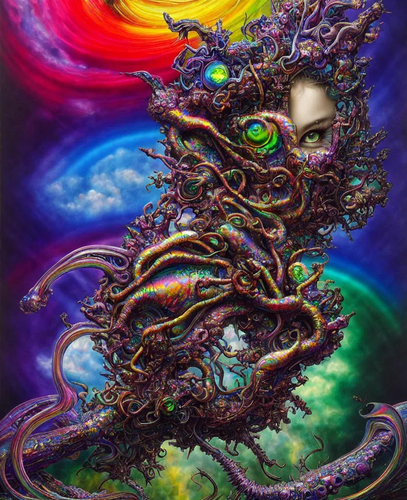 Image similar to realistic detailed image of rainbow iridescent mega god of chaos, depth perception, depth of field, action horror by lisa frank, ayami, karol bak, neo - gothic, gothic, rich deep colors, part by adrian ghenie and gerhard richter. art by yoshitaka amano. masterpiece