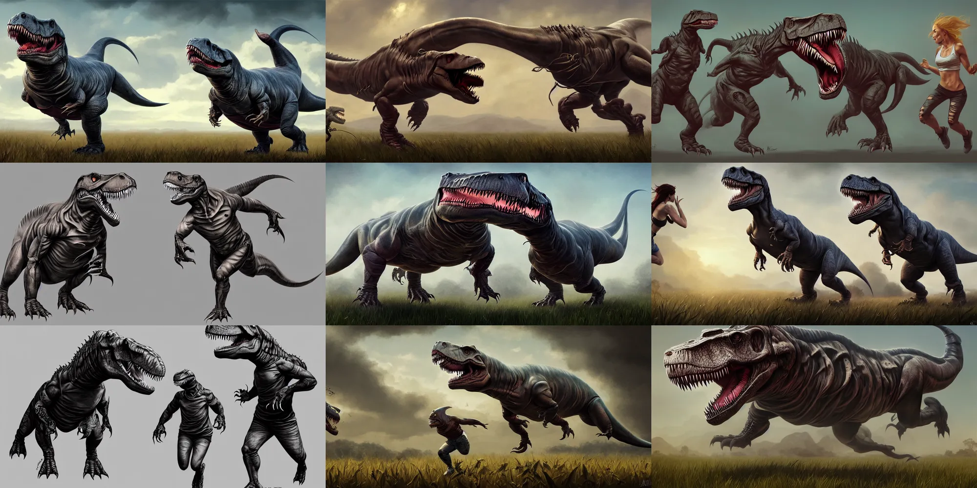 Prompt: tattooed t - rex wearing a jacket and ripped shorts running and dancing in a field, character sheet, character design, contrast, deep focus, turnaround, highly detailed, dramatic lighting, digital painting, artstation, concept art, matte, sharp focus, illustration, elegant, art by artgerm and greg rutkowski and alphonse mucha.