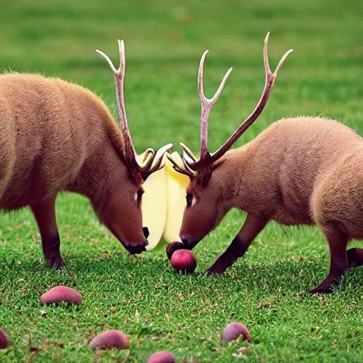 Prompt: Aardvarks with antlers eating apples