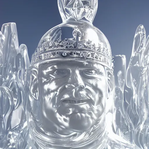 Prompt: a professional studio photography of a glossy shiny crystal clear chiseled ice - sculpture of a king