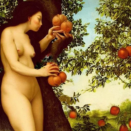 Image similar to beautiful multiracial woman eating an quince from a tree in the garden of eden, realistic renaissance master genius painting