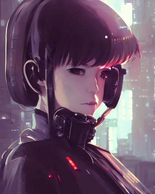 Image similar to kyoto animation, cool girl wearing cyberpunk mechanical futuristic streetwear, respirator, detailed portrait, cell shaded, 4 k, concept art, by wlop, ilya kuvshinov, artgerm, krenz cushart, greg rutkowski, pixiv. cinematic dramatic atmosphere, sharp focus, volumetric lighting, cinematic lighting, studio quality