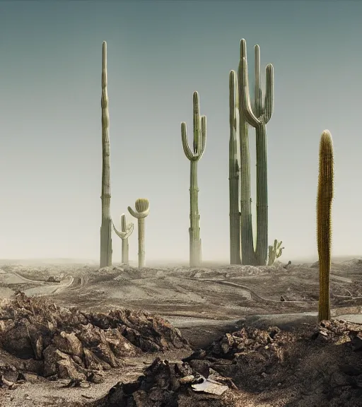 Image similar to surreal theory of a white inverted root futuritic high tech architecture, ancient epic towers in the mining tailings in the desert, biroremediation plant, foggy, patchy cactus, octane render, pale colors, high detail, 8 k, wide angle, trending on artstation, behance