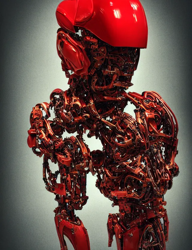 Image similar to cyborg in the data center, wired to the equipmen, red biomechanical details, wearing epic bionic cyborg implants, inflateble shapes, masterpiece, intricate, biopunk, highly detailed, artstation, concept art, cottage core, cinematic focus, polaroid photo, bleached, vintage, high - key lighting, soft lights, foggy, by tarkovsky, 8 k