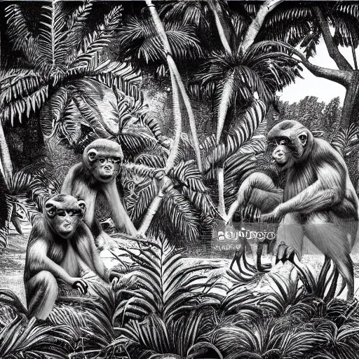 Prompt: Monkeys singing and dancing happily at a jungle, highly detailed illustration