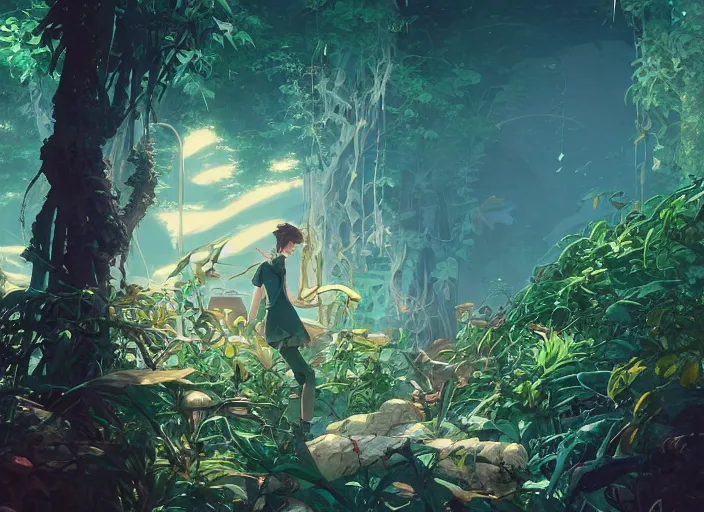 Prompt: time does not exist anymore, open ceiling, overgrown vegetation, golden curve composition, animation portrait concept art, style of makoto shinkai, xision, james jean and peter mohrbacher, studio ghibli, artgerm, karol bak, dan mumford, 4 k hd, animation style