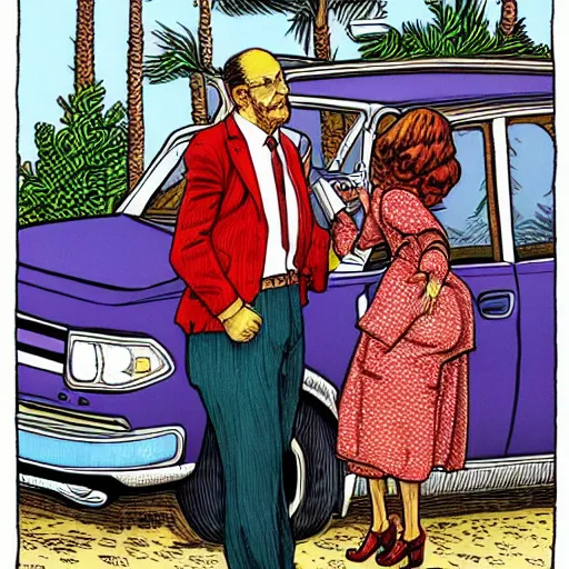 Image similar to The Artwork of R. Crumb and his Cheap Suit Car-salesman, pencil and colored marker artwork, trailer-trash lifestyle