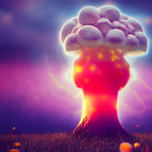 Prompt: a dramatic nuclear explosion but with flowers, mushroom, dramatic lightning, octane render, cinematic rendering, 8k