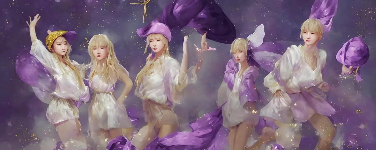 Image similar to Full View of a mysterious kpop fairy girl group with short blond hair wearing an oversized purple Beret, Baggy Purple overall shorts, Short Puffy pants made of silk, silk shoes, a big billowy scarf, Golden Ribbons, white leggings Covered in stars. Short Hair. peasant magic. masterpiece 4k digital illustration by Ruan Jia and Mandy Jurgens and Artgerm and william-adolphe bouguereau, award winning, Artstation, art nouveau aesthetic, Alphonse Mucha background, intricate details, realistic, panoramic view, Hyperdetailed, 8k resolution, intricate art nouveau