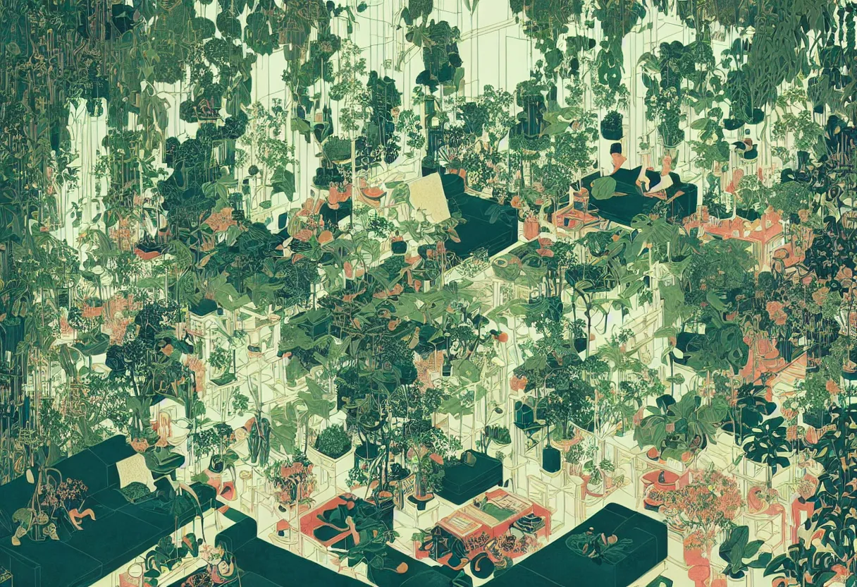 Image similar to luxury living room full of plants and trees by victo ngai