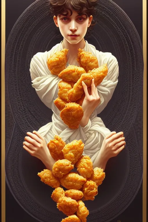 Prompt: symmetry!! nugget food!!, intricate, elegant, highly detailed, digital painting, artstation, concept art, smooth, sharp focus, illustration, art by artgerm and greg rutkowski and alphonse mucha, 8 k