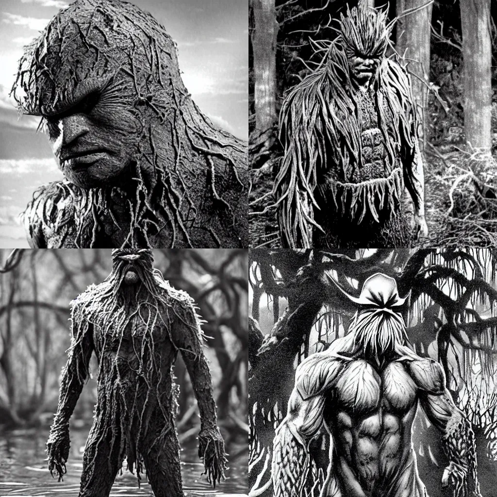 Prompt: a b&w photo of the swamp thing