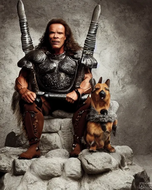 Image similar to arnold schwarzenegger as king conan, directed by john millius, photorealistic, sitting on a metal throne, wearing ancient cimmerian armor, a battle axe to his side, he has a beard and graying hair, he has a happy corgi dog on his lap, cinematic photoshoot in the style of annie leibovitz, studio lighting