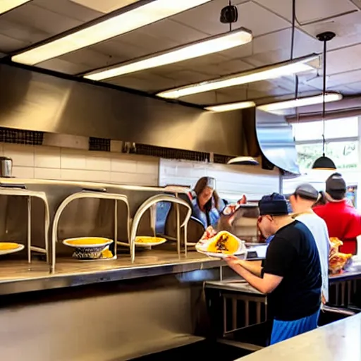 Image similar to busy wafflehouse interior with customers eating breakfast and wafflehouse employees serving food and cooking behind countertop