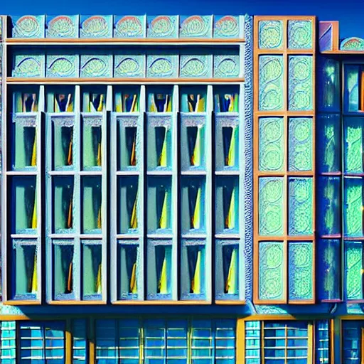 Prompt: freddy mamani silvestre building facade, highly detailed, architectural photo, artstation, 3 d render, 8 k, ultra realistic, lens flare, glow, soft lighting, hyperrealistic, unreal engine, sharp focus, style by wes anderson