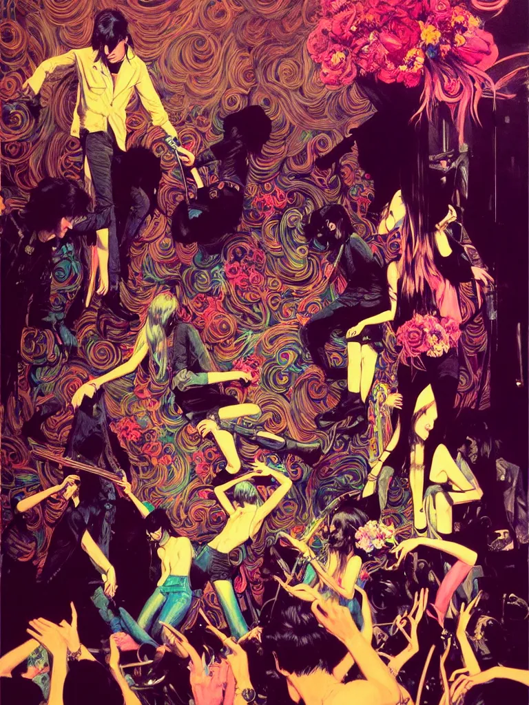 Image similar to the velvet underground and nico playing live on stage at a night club, beautiful stage decoration with flowers in the background, painting by james jean and syd mead and gaston bussiere, very detailed and colorful and toned down and ornamental and moody and cool and relaxed and high on drugs, trending on artstation, behance contest winner