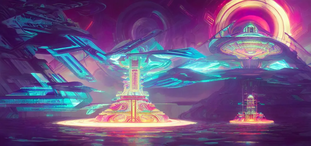 Image similar to a floating temple of androids, channeling swirling energy, wearing netrunner clothing, vaporwave aesthetic, colorful, psychedelic, digital painting, artstation, concept art, smooth, sharp focus, illustration, art by artgerm and greg rutkowski and alphonse mucha