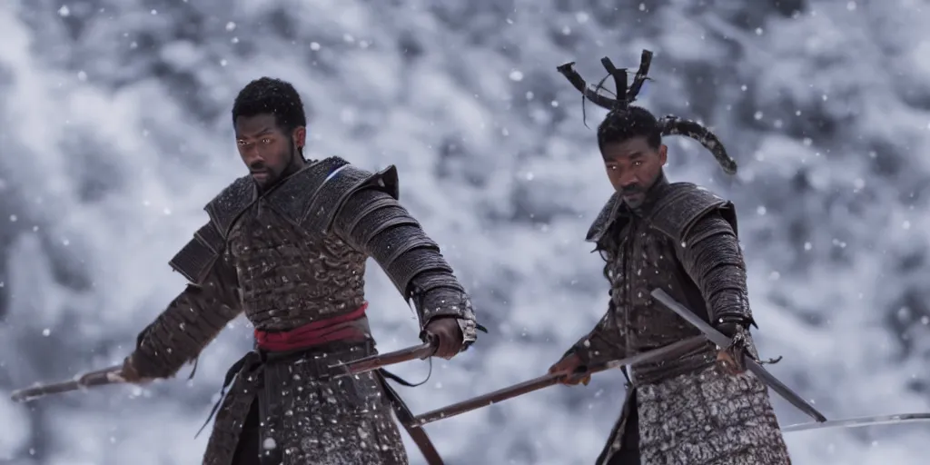 Image similar to a film still of a black man starring in a japanese blockbuster film as ancient samurai, fighting against alien creatures, snow, shallow depth of field, cinematic, award winning cgi, vfx, film still