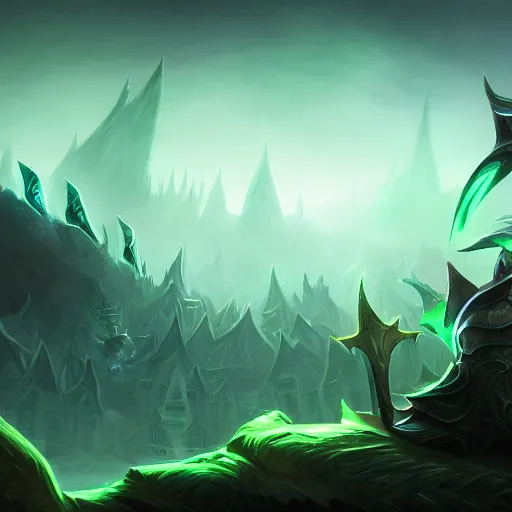 Prompt: The blade of the ruined king, digital illustration, ethereal, the void, ominous green background, very detailed, stylized, concept art, trending on artstation, high definition, by Riot Games, League of legends