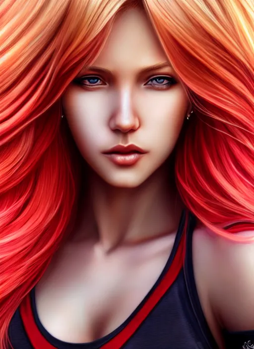 Image similar to photo of a gorgeous blonde and red ombre hair female in the style of stefan kostic, realistic, half body shot, sharp focus, 8 k high definition, insanely detailed, intricate, elegant, art by stanley lau and artgerm, cyberpunk city backgeound