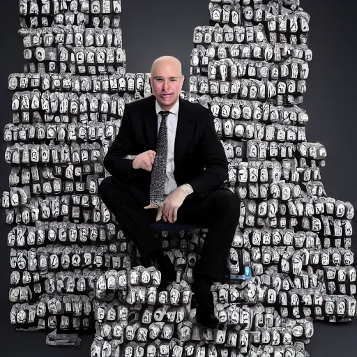 Image similar to jeffrey bezos sitting on a throne made of skulls, brutal, professional photography, artistic cinematography, ultra detailed, backlighting, sinister, laughing, mist, beautiful, 8k, lovely, trending, clear