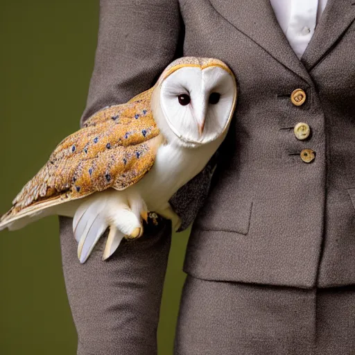 Image similar to barn owl wearing a suit, barn on dresses by emidio tucci, very detailed, album photo, canon shot