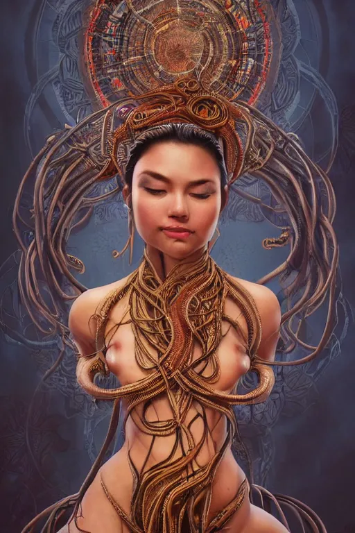 Image similar to an immaculate render of a dancing tribal goddess adorned with leaves and cables and bird wings parts in a temple surrounded by wild tentacles made from mandalas and incense smoke, full body, perfect face, powerful, cinematic, beautifully lit, by artgerm, by karol bak, 3 d, trending on artstation, octane render, 8 k