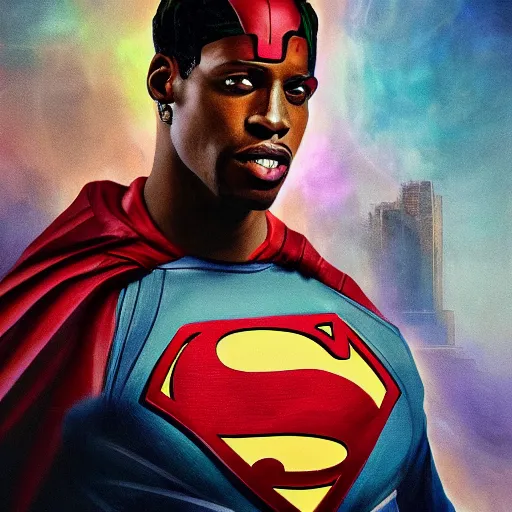 Image similar to Travis Scott as a Super-Man, digital art, hyperdetalied, trending on ArtStation, 8K,