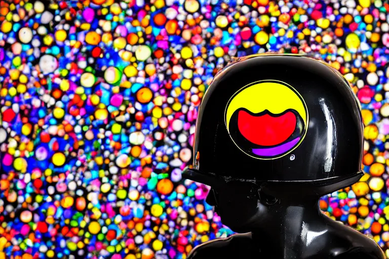 Image similar to photo of a glossy black marble statue of a girl with colorful motocross logos and motorcycle helmet with reflective mirrored visor, colorful smoke in the background, carved marble statue, fine art, in the style of takashi murakami,