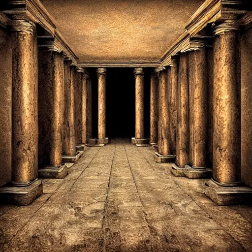 Image similar to ancient throne room, mysterious writings on the wall, big pillars, digital art