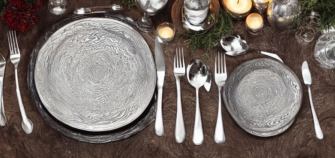 Image similar to plate made of finley detailed damascus steel, jeweled table cloth, silver knives and forks, candlelight, fireplace wide angle photograph