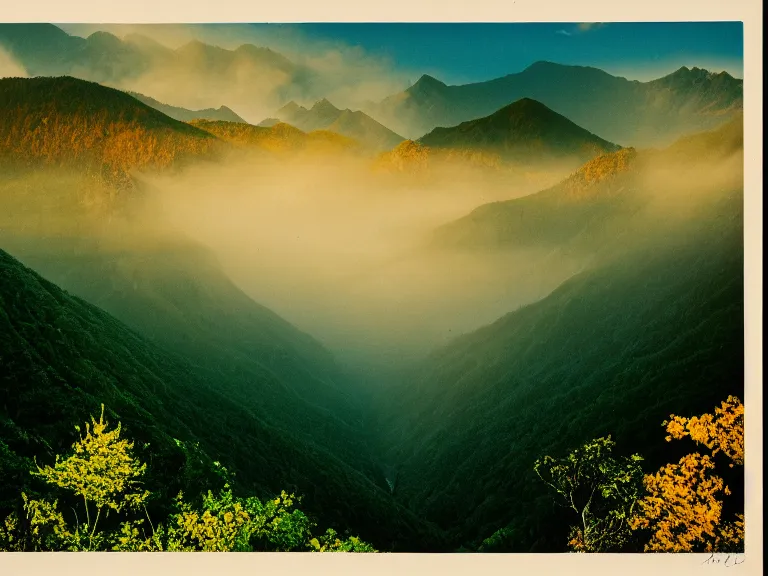 Image similar to 35mm film still magic morning light over mountains, autum, mist in valley, tropical forest, moody, by Alex grey