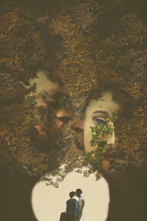 Prompt: film double exposure, a man and a woman kissing in front of trees, a stock photo by oleg oprisco, featured on unsplash, romanticism, movie still, uhd image, matte photo, multiple exposure photograph