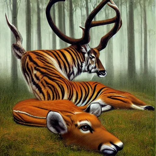 Image similar to a painting of deer and tiger facing each other, their heads bowed towards ground by esao andrews