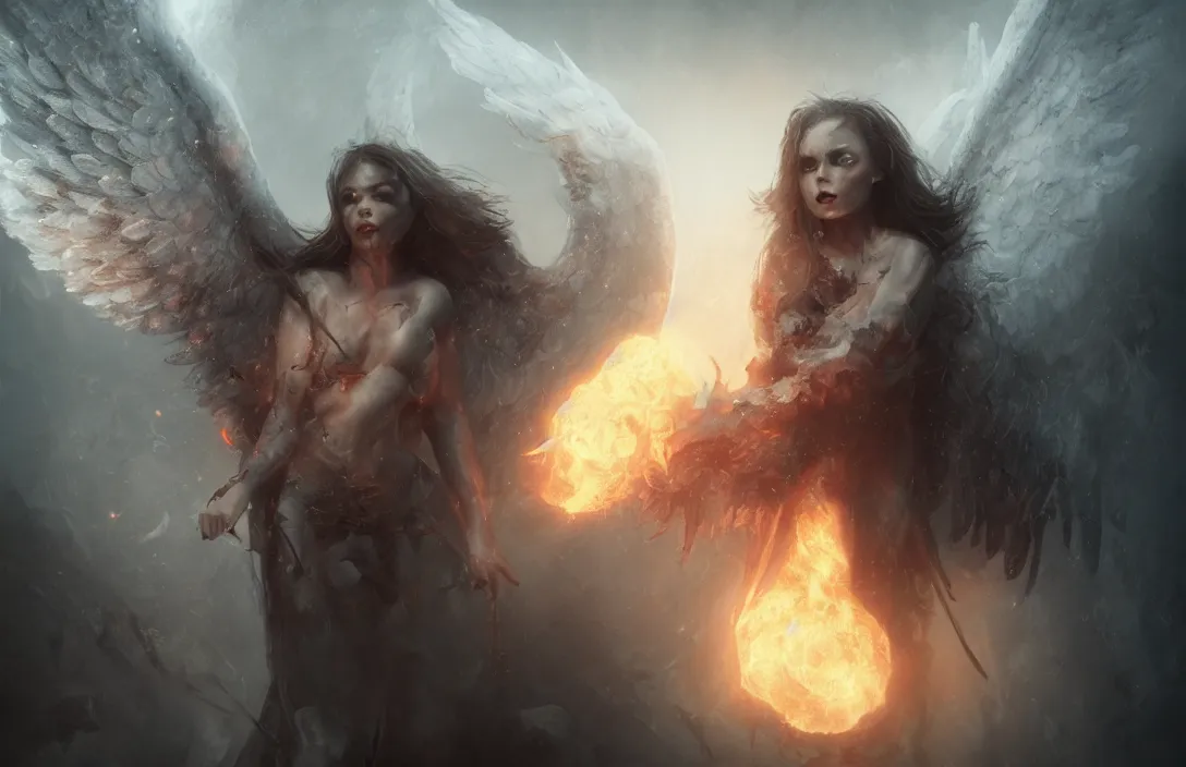 Image similar to an angel in hell, digital painting, concept art, smooth, sharp focus, hyperrealistic, illustration, artstation trending, octane render, unreal engine, ambient light, dynamic lighting, magical, dark fantasy