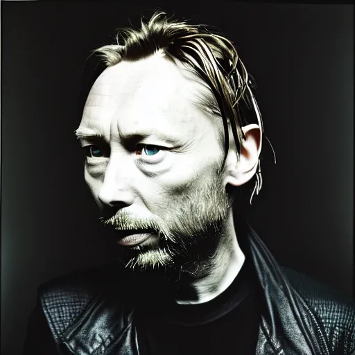 Image similar to Thom Yorke, a man with a beard and a black jacket, a portrait by John E. Berninger, dribble, neo-expressionism, uhd image, studio portrait, 1990s