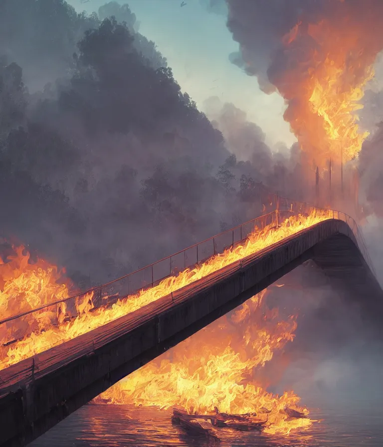 Image similar to a beautiful hyperrealistic detailed 3D render of a burning bridge, by Anton Otto Fischer, Atey Ghailan, genzoman, unreal engine, octane render, gigantic, 3D, brilliantly coloured, intricate, ultra wide angle, trending on artstation, embers, smoke, dust, dusk, volumetric lighting, HDR, polished, micro details, ray tracing, 8k