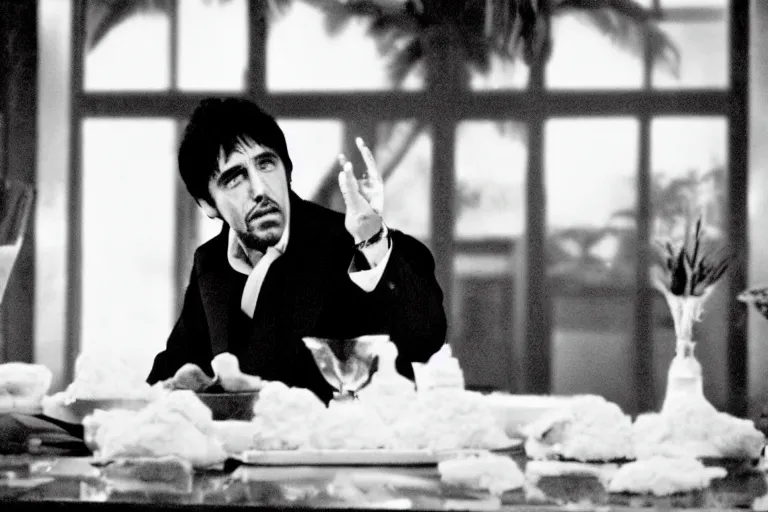 Image similar to tony montana from movie scarface 1 9 8 3 sitting at a big black oak table with big packages of flour. next to the night window. al pacino. perfect symmetric face, coherent eyes, medium shot, fine details, 4 k, ron cobb, cinestill