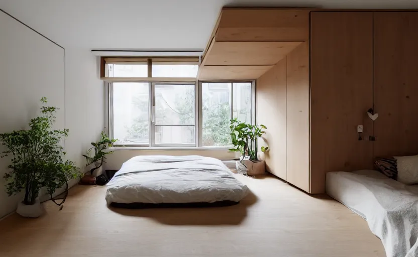 Image similar to interior of a compact bedroom in an apartment building, bed, green wall, cupboards, japanese design, swedish design, natural materials, minimalism, pine wood, earth colors, feng shui, rustic, white, beige, bright, plants, windows with a view of a green park, modernist, 8 k