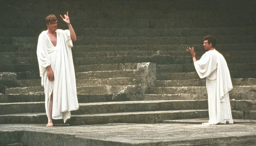 Prompt: 1 9 6 0 s movie still close - up of caligula in a white toga dead on the ancient amphitheater's stairs blood flaque, cinestill 8 0 0 t 3 5 mm, high quality, heavy grain, high detail, dramatic light, anamorphic, blood