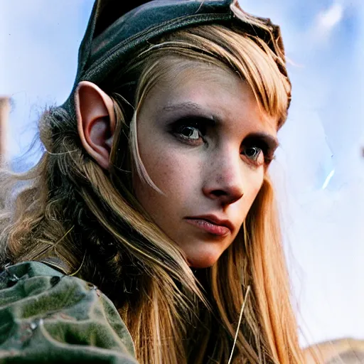 Prompt: close up headshot of a skinny female high-fantasy elf with a long face narrow chin and short spiky blonde hair wearing dark brown overalls and holding a bomb next to a destroyed car, gel spiked blond hair, small ears, narrow lips, high resolution film still, HDR color