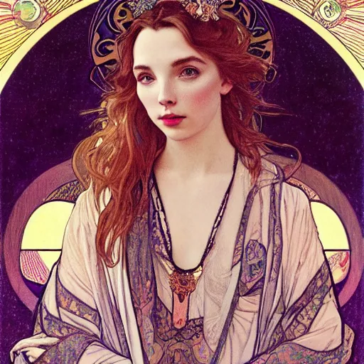 Image similar to jodie comer portrait by louis - theophile hingre and alphonse mucha, realistic, sharp focus, zodiac signs, tarot cards, planets, ethereal, art nouveau, magic, moon, sun, crown, dreamy, royal, jewellery