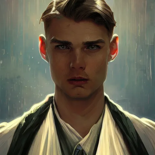 Image similar to character concept, wide angle, full body, symmetrical head - on centralized, young man with advanced clothes. detailed, high quality, dynamic lightning, fantasy, scenematic. artwork by artgerm, wlop, alex ross, greg rutknowski, alphonse mucha